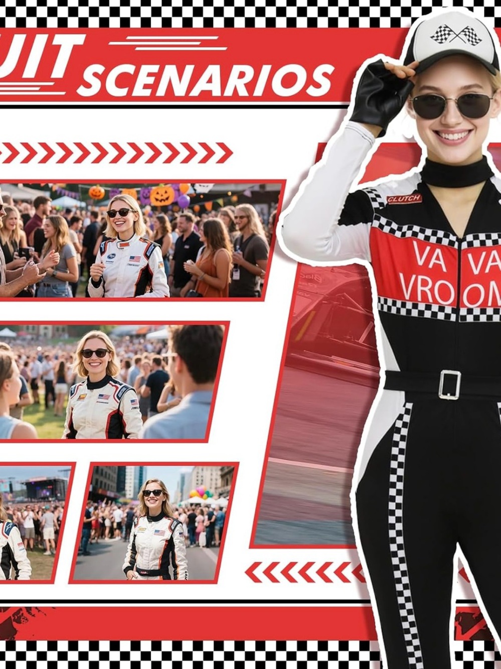 Va Va Voom Black, White & Red Racing-Style Jumpsuit - Picture 4 of 6